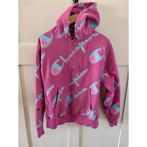 Mens Champion Reverse Weave Hoodie Sweatshirt Pink White Logo Spellout Sz M Flaw
